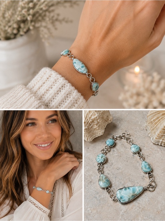 Jewelry - Genuine Larimar Stone Bracelet | Caribbean Blue Gemstone | Silver Wire Wrapped